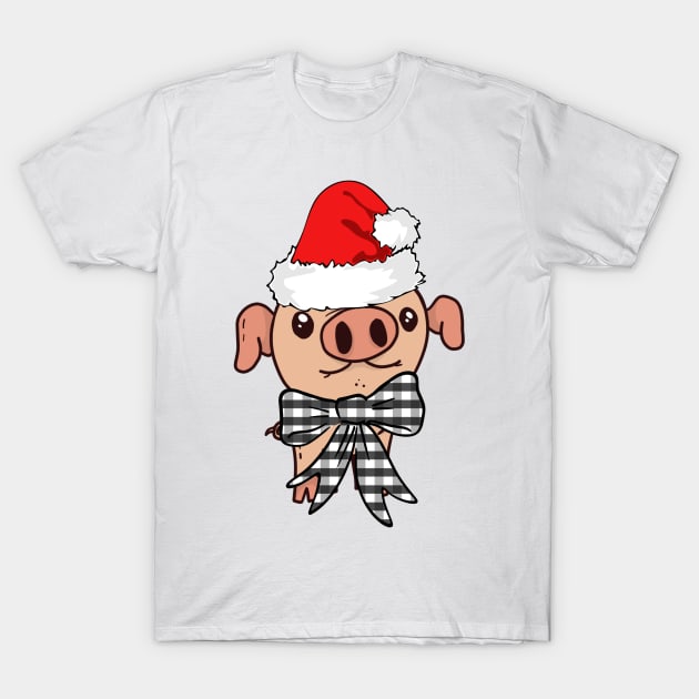 Christmas Teacup Pig Mini Piglet in Santa Hat with Buffalo Plaid Bow T-Shirt by gillys